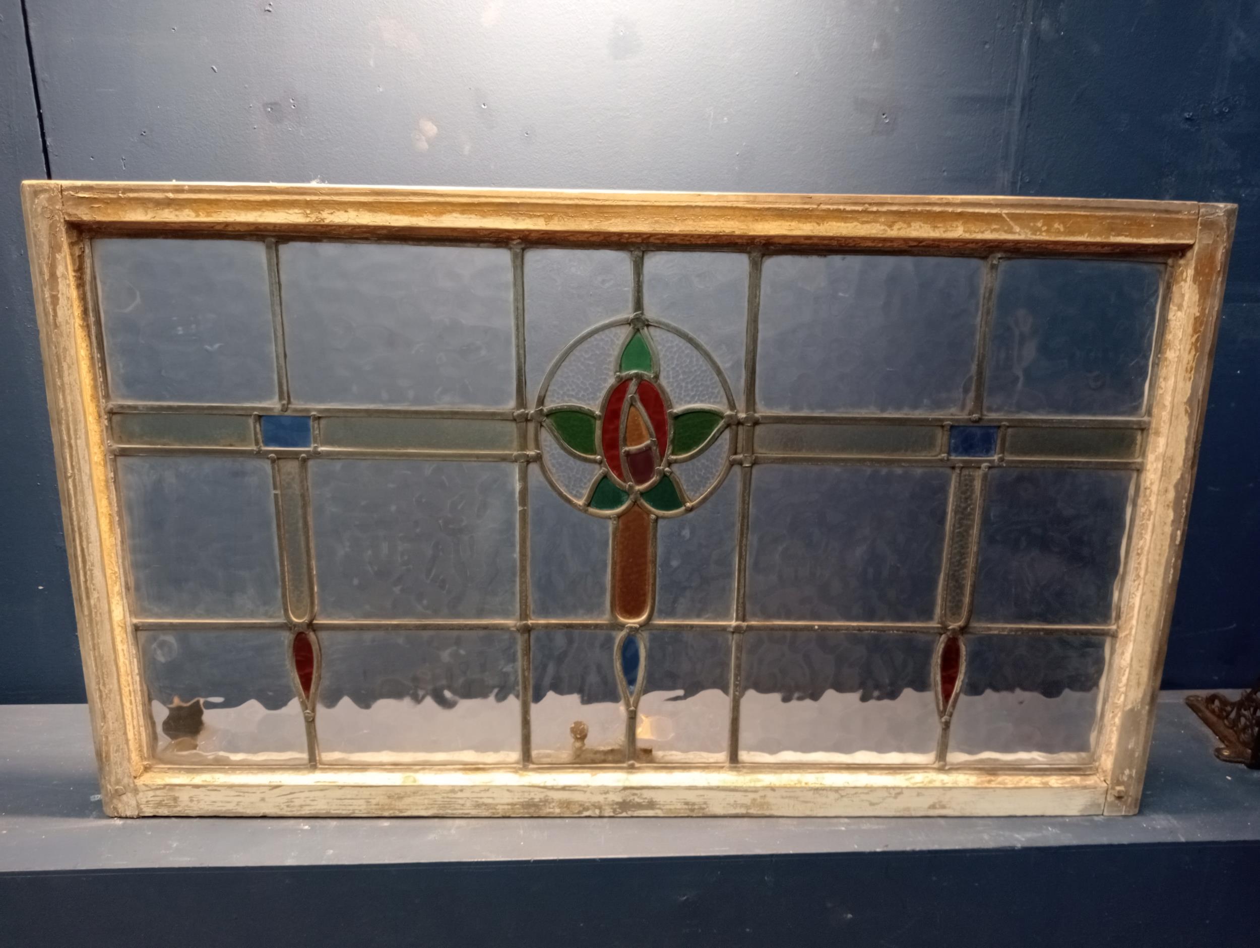 Leaded stain glass window with green and red tulip design {H 60cm x W 102cm }. (NOT AVAILABLE TO