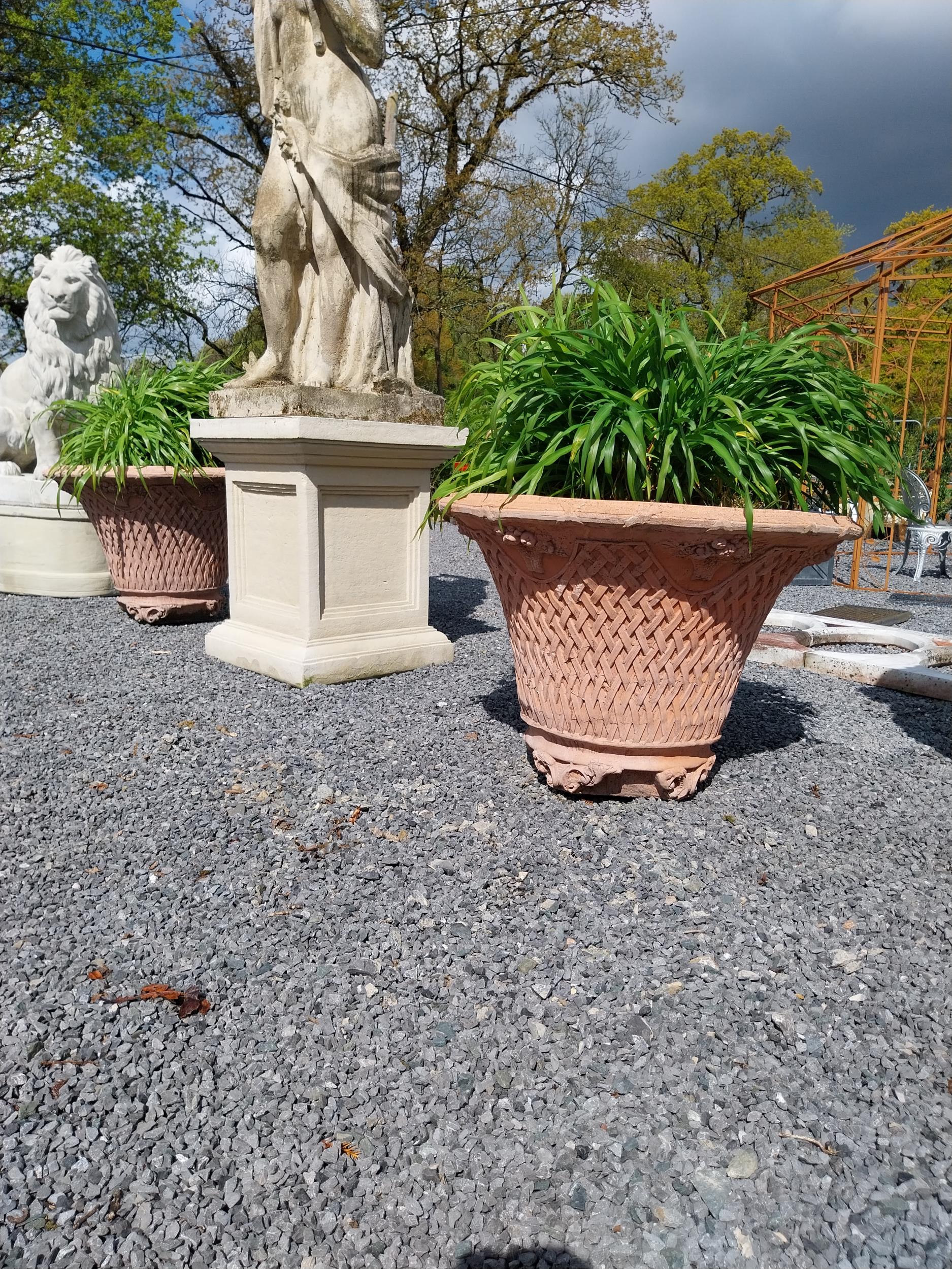 Pair of moulded terracotta lattice urns {79 cm H x 100 cm Dia.}. - Image 3 of 8