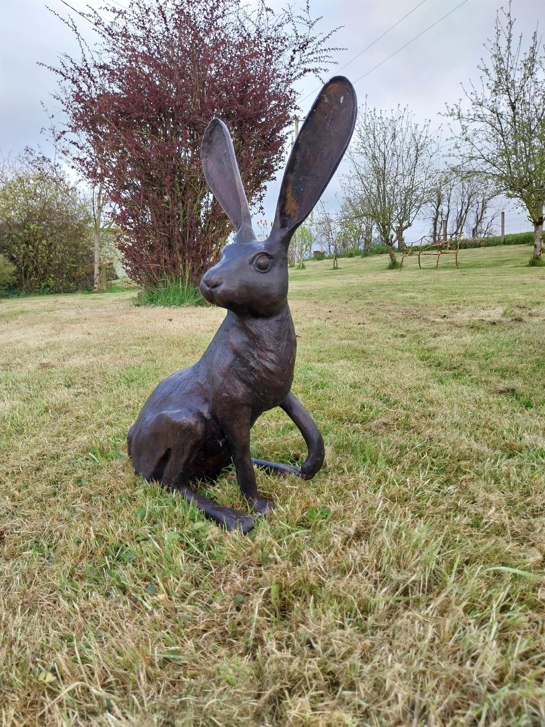 Exceptional quality bronze statue of a seated Hare with ears up {61 cm H x 35 cm W x 20 cm D}. - Image 3 of 6