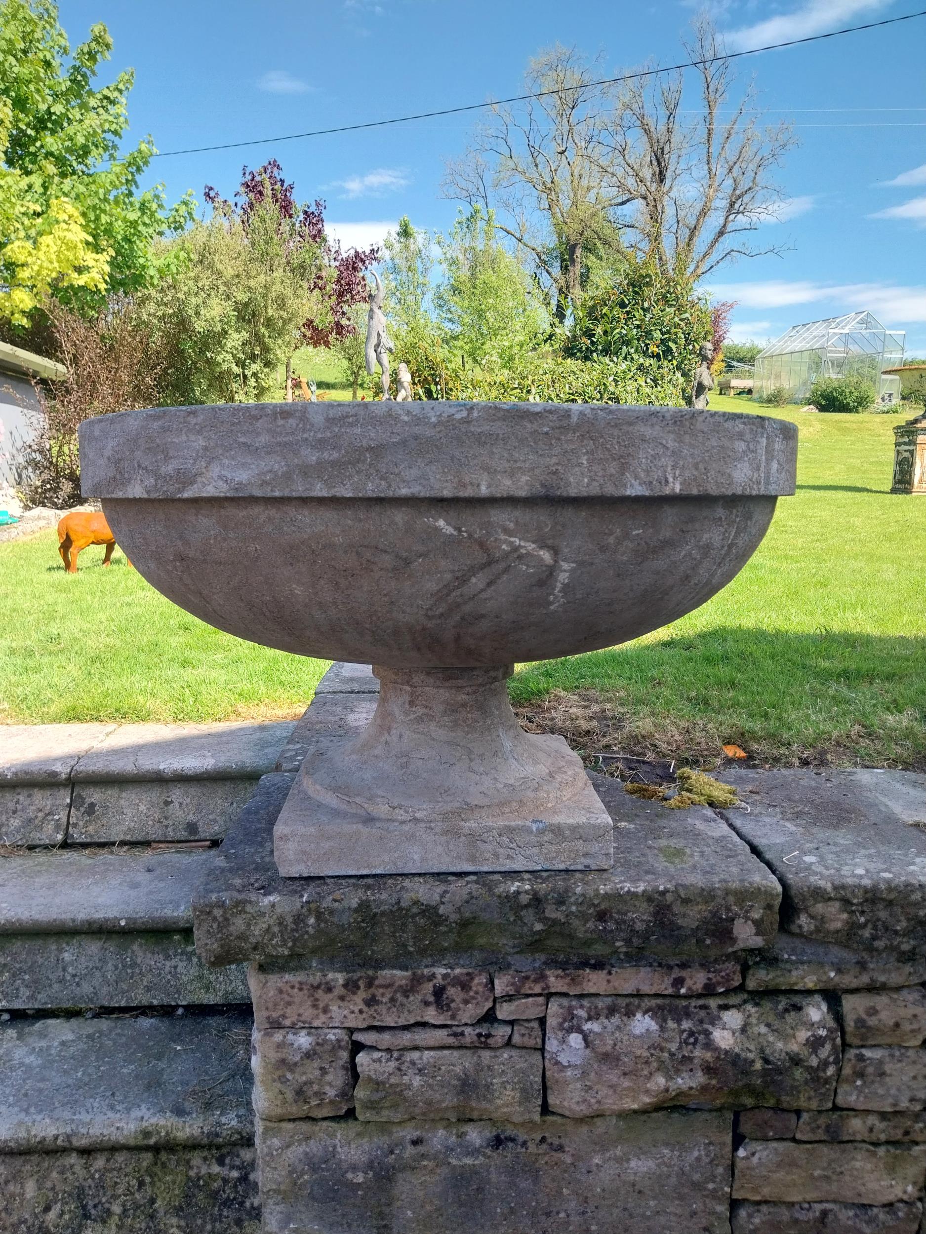 Pair of good quality hand carved limestone urns in the Georgian style {48 cm H x 80 cm Dia.}. - Image 3 of 5