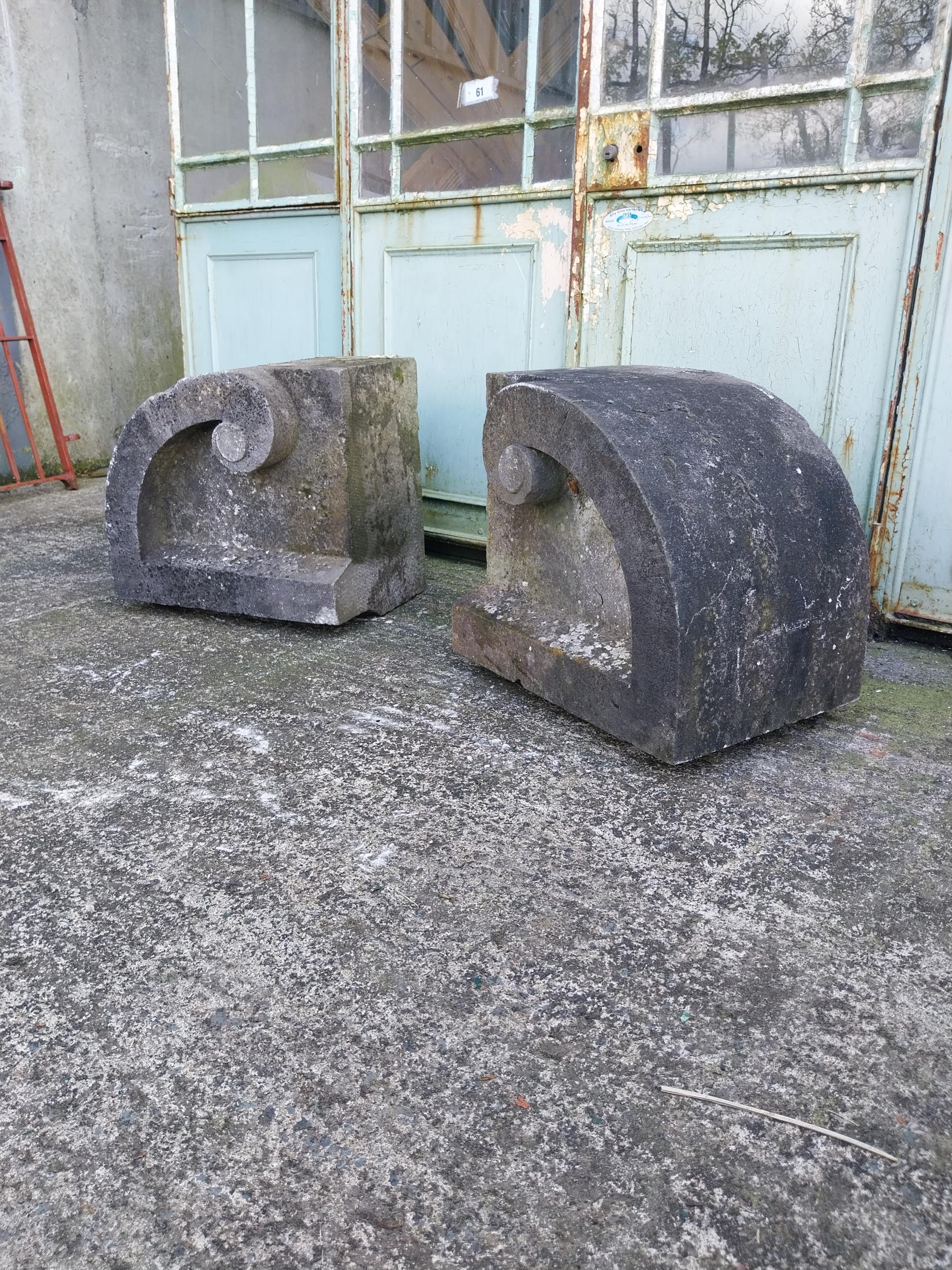 Pair of 19th C. carved limestone pier caps {52 cm H x 58 cm W x 40 cm D}. - Image 7 of 9