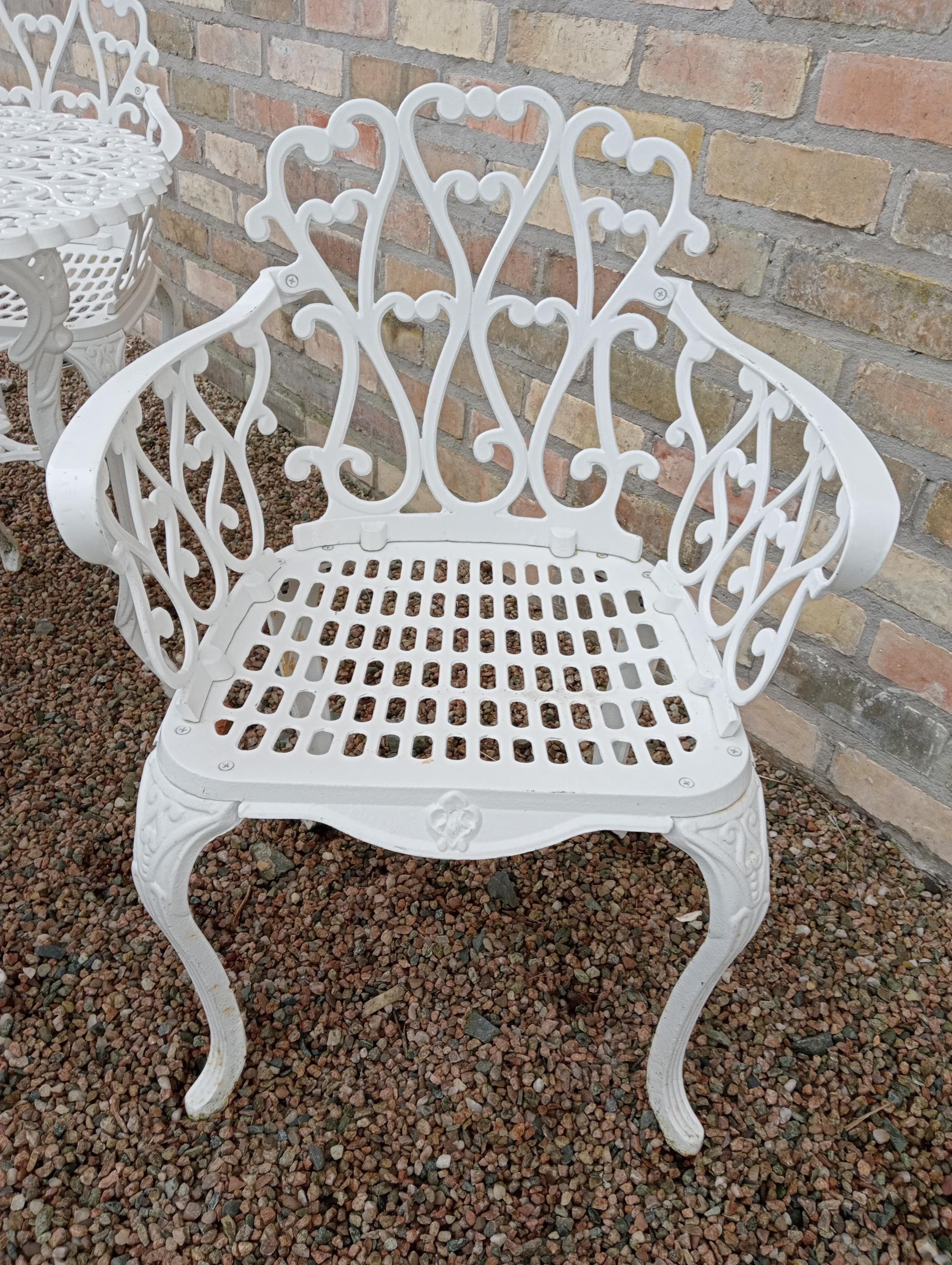 Cast aluminium white garden table four armchairs {Chairs H 80cm x W 58cm x D 50cm Table H 69cm x Dia - Image 5 of 6