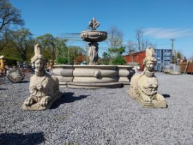 Pair of good quality moulded stone Sphinx statues raised on plinths {155 cm H x 55 cm W x 120 cm