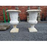 Pair of large good quality decorative cast iron garden urns {113 cm H x 76 cm Dia.}.