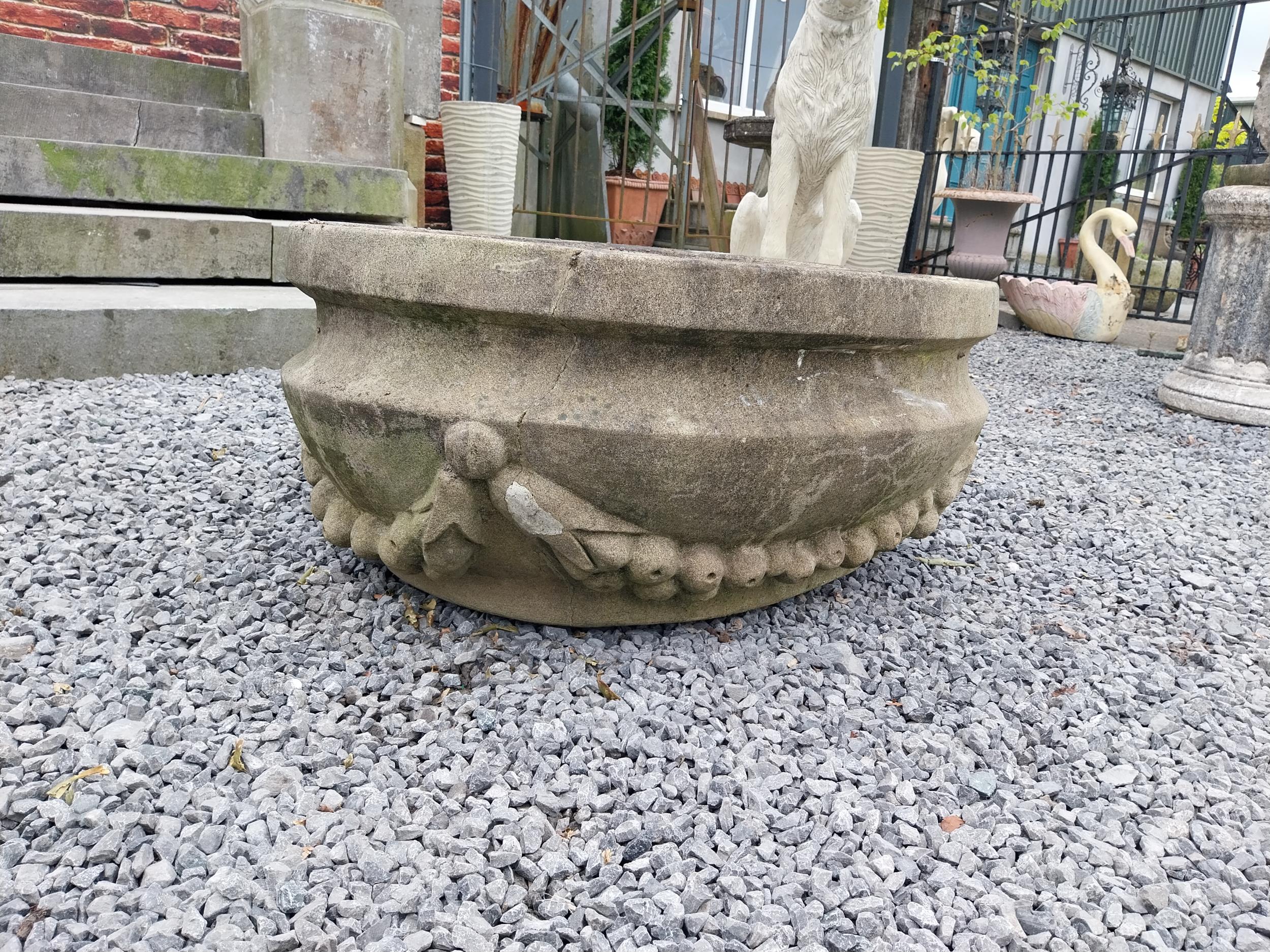 Good quality carved sandstone planter decorated with swags {37 cm H x 80 cm W x 61 cm D}. - Image 5 of 7