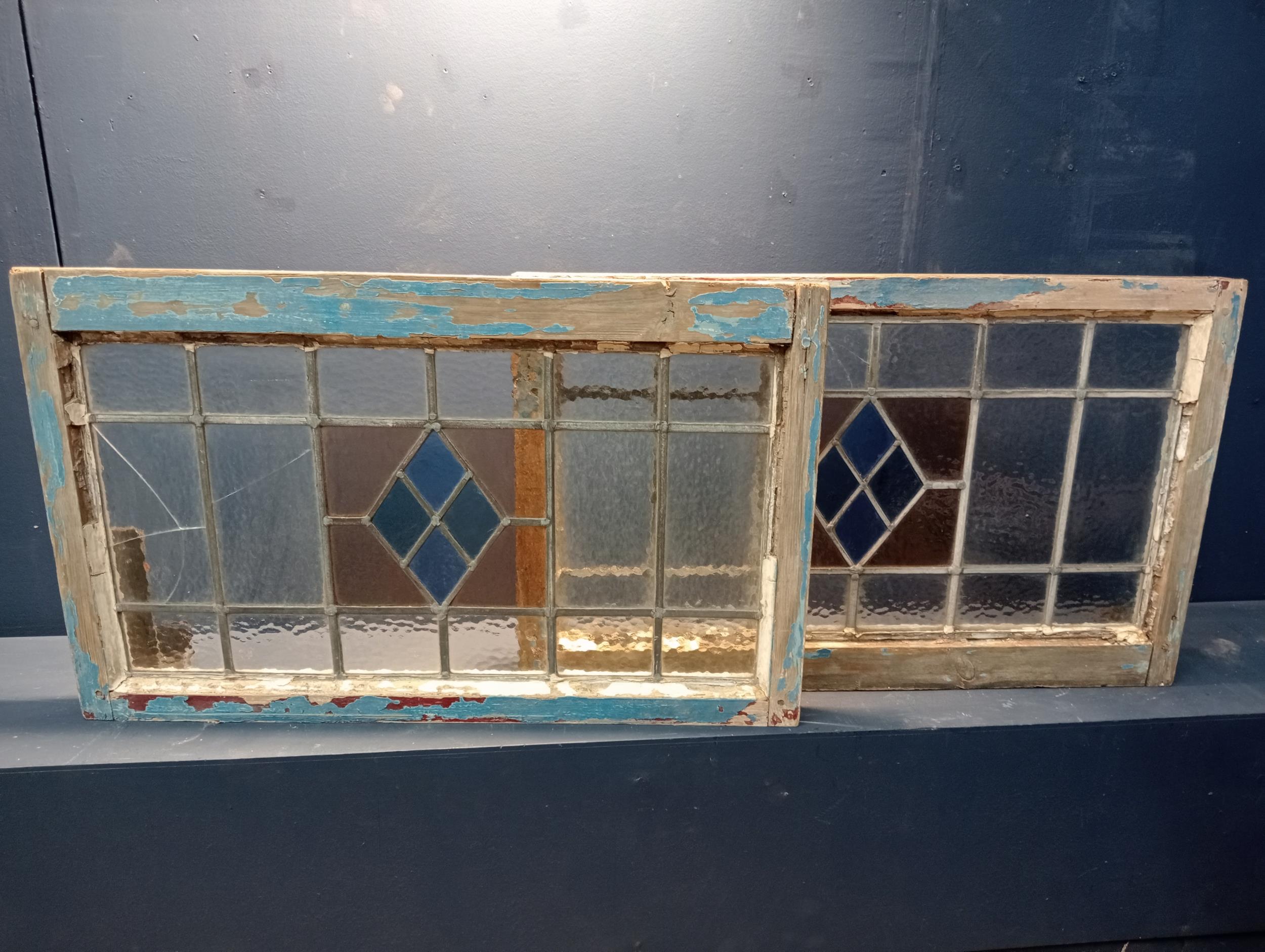 Pair of leaded glass windows {Each H 48cm x W 62cm }. (NOT AVAILABLE TO VIEW IN PERSON)