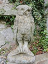 Composition stone statue of a barn owl {H 46cm x W 23cm x D 12cm }. (NOT AVAILABLE TO VIEW IN