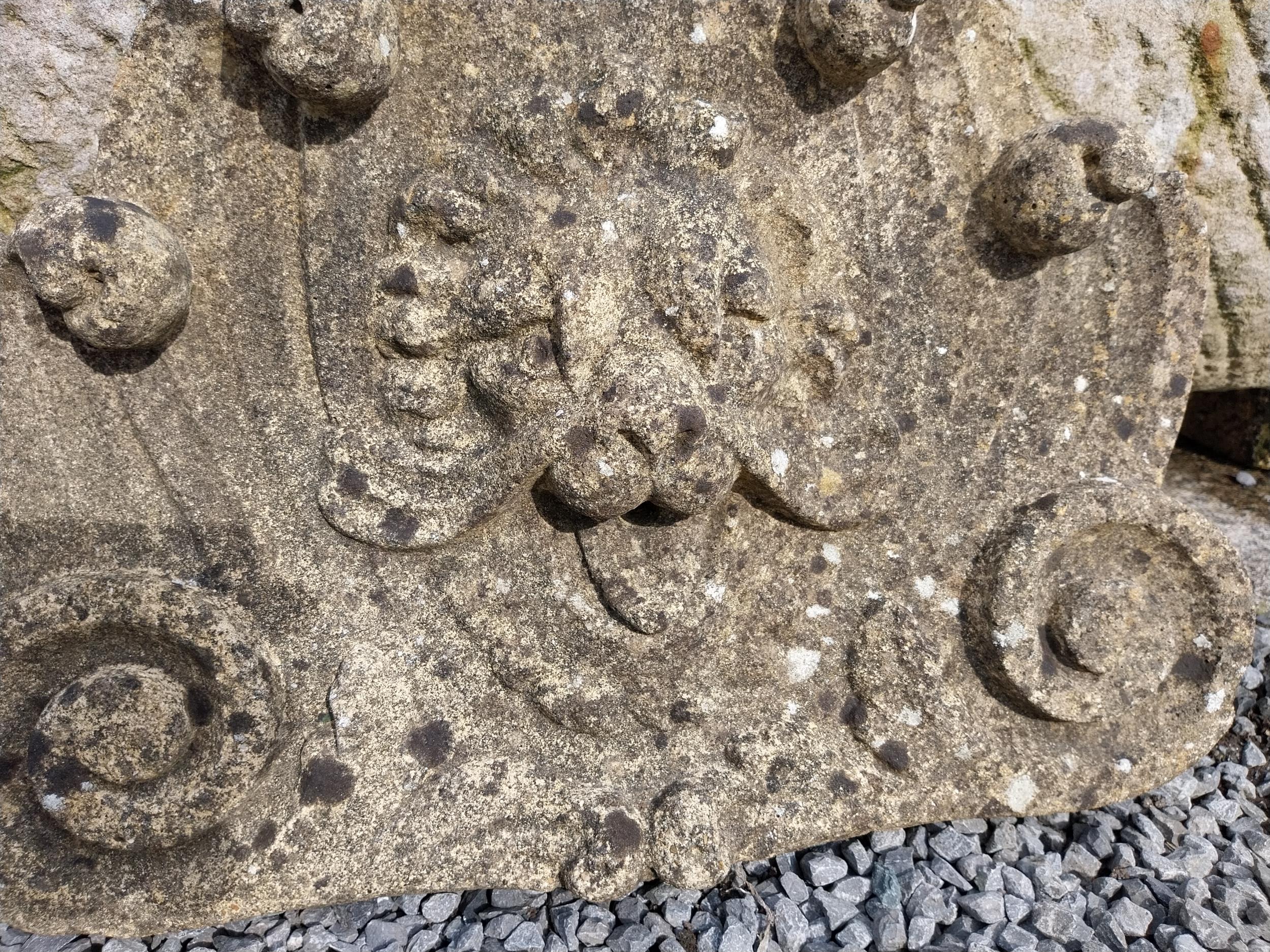 Good quality aged moulded sandstone Lions mask wall plaque {53 cm H x 50 cm W x 9 cm D}. - Image 3 of 3