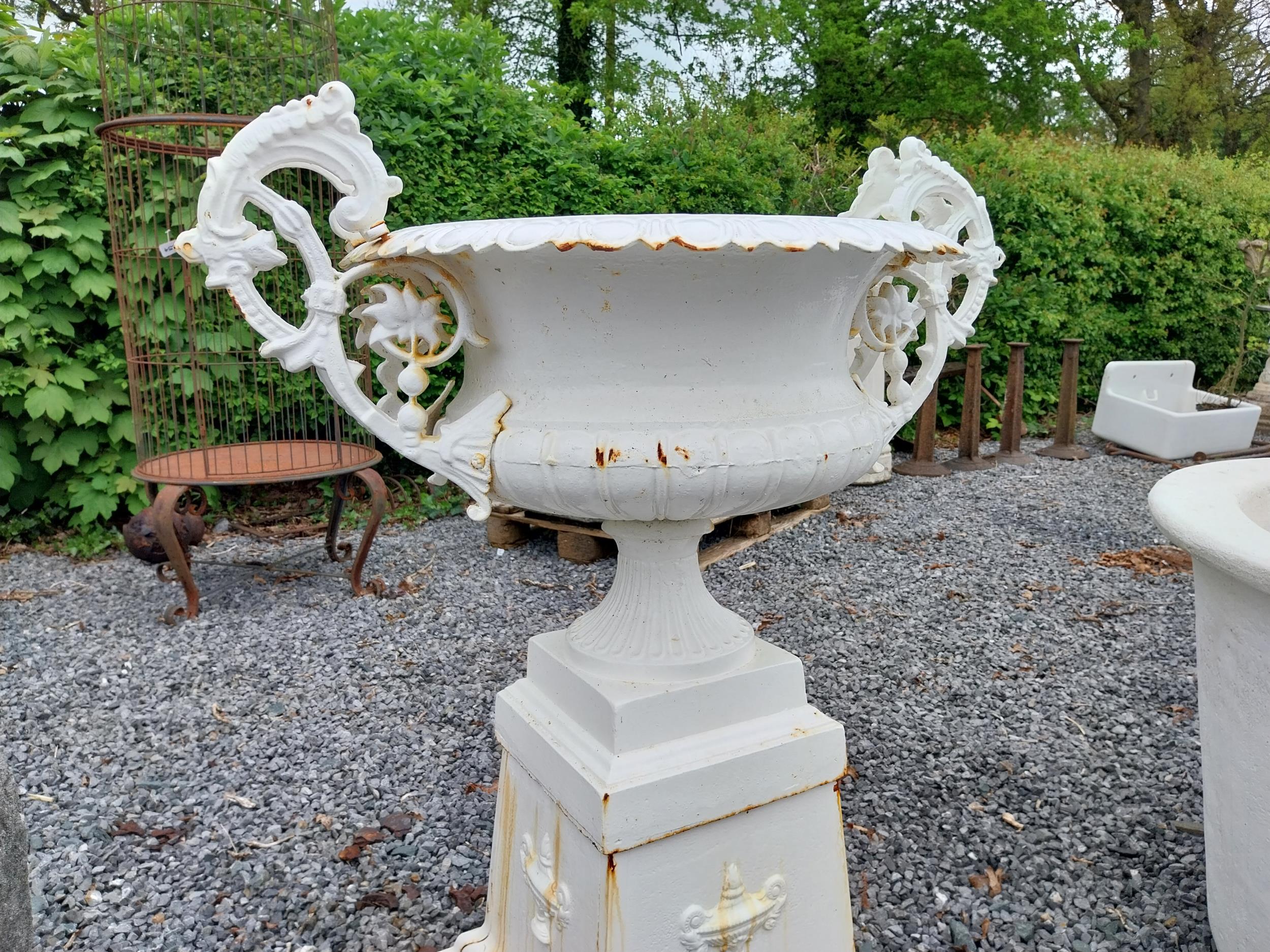 Decorative French cast iron urn raised on pedestal {109 cm H x 86 cm W x 60 cm D}. (NOT AVAILABLE TO - Image 6 of 8