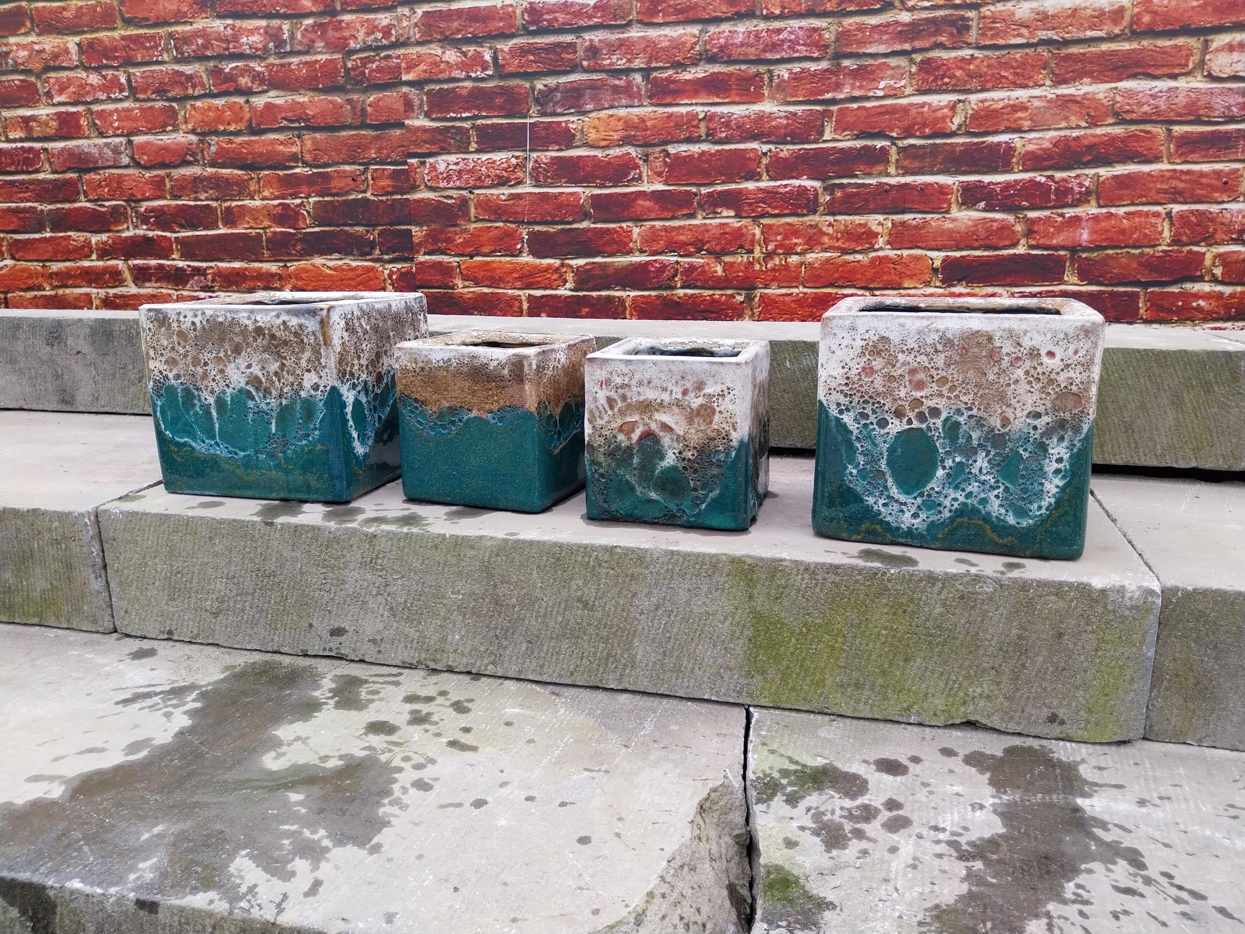 Set of four Atlantis glazed terracotta plant pots {20 cm H x 22 cm W x 22 cm D and 16 cm H x 15 cm W - Image 5 of 11