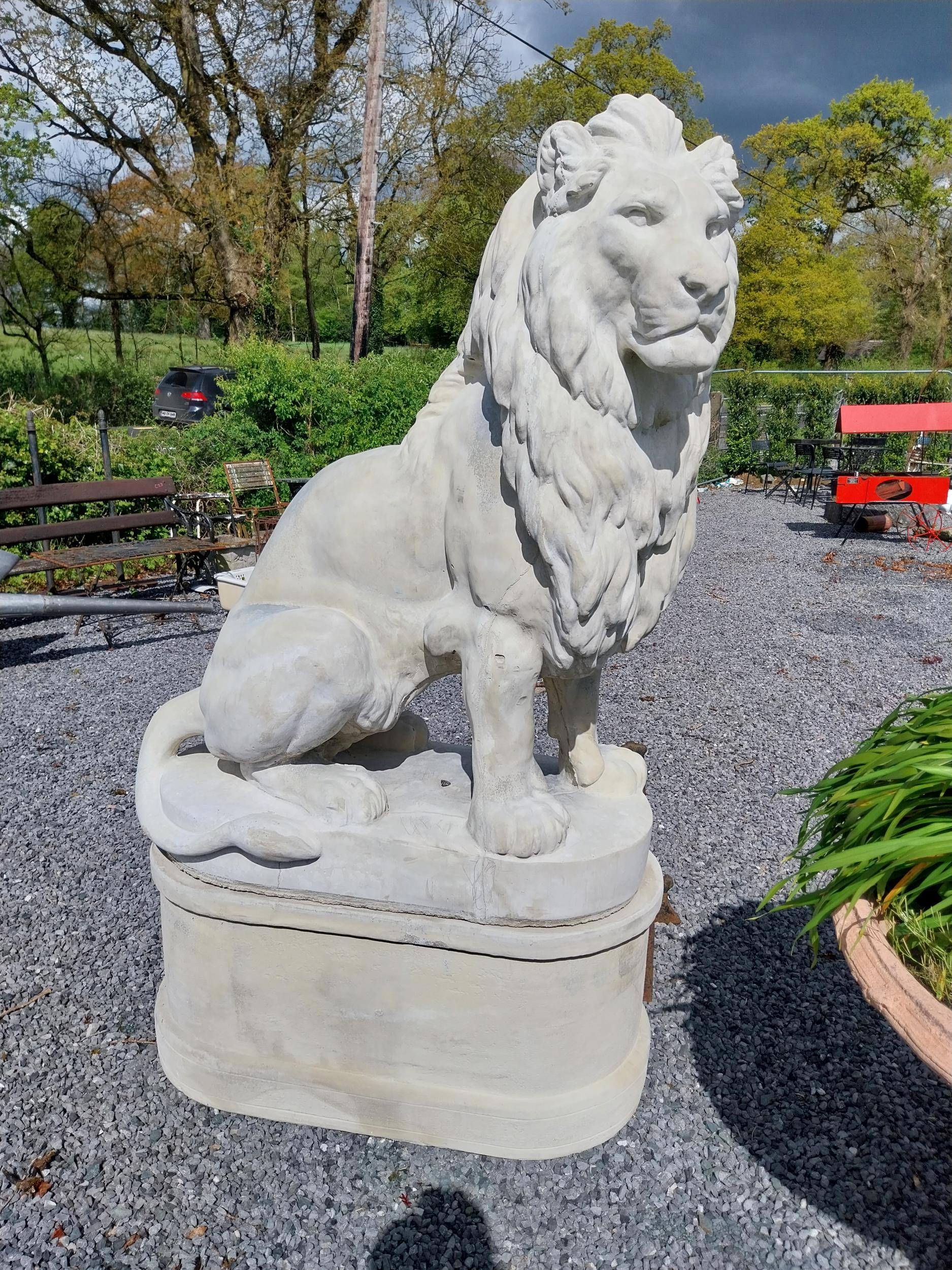Pair of good quality moulded stone statues of seated Lions raised on pedestals {185 cm H x 123 cm - Image 6 of 16