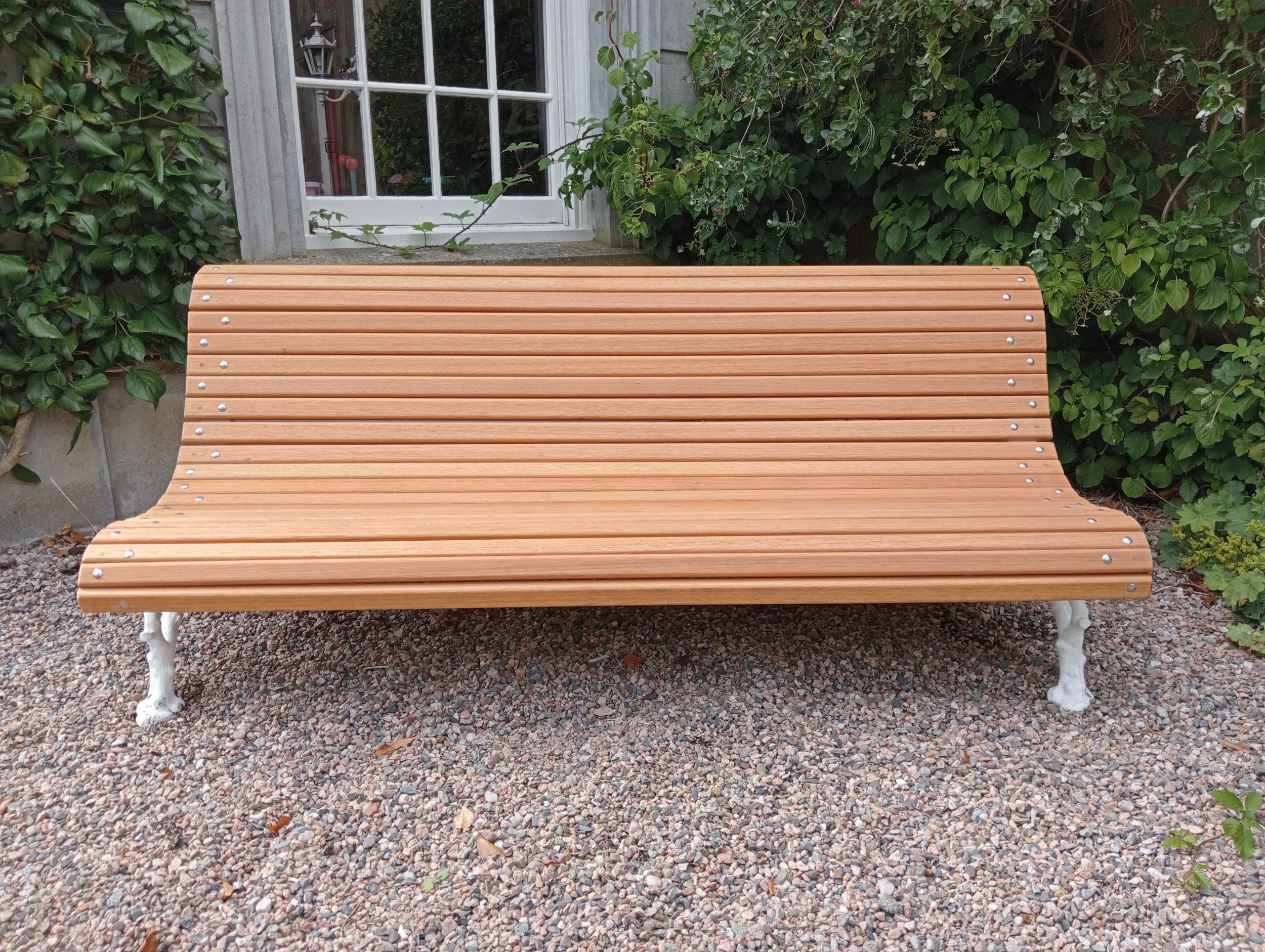 Cast iron and wooden rolltop garden bench {H 75cm x W 180cm x D 70cm }. (NOT AVAILABLE TO VIEW IN