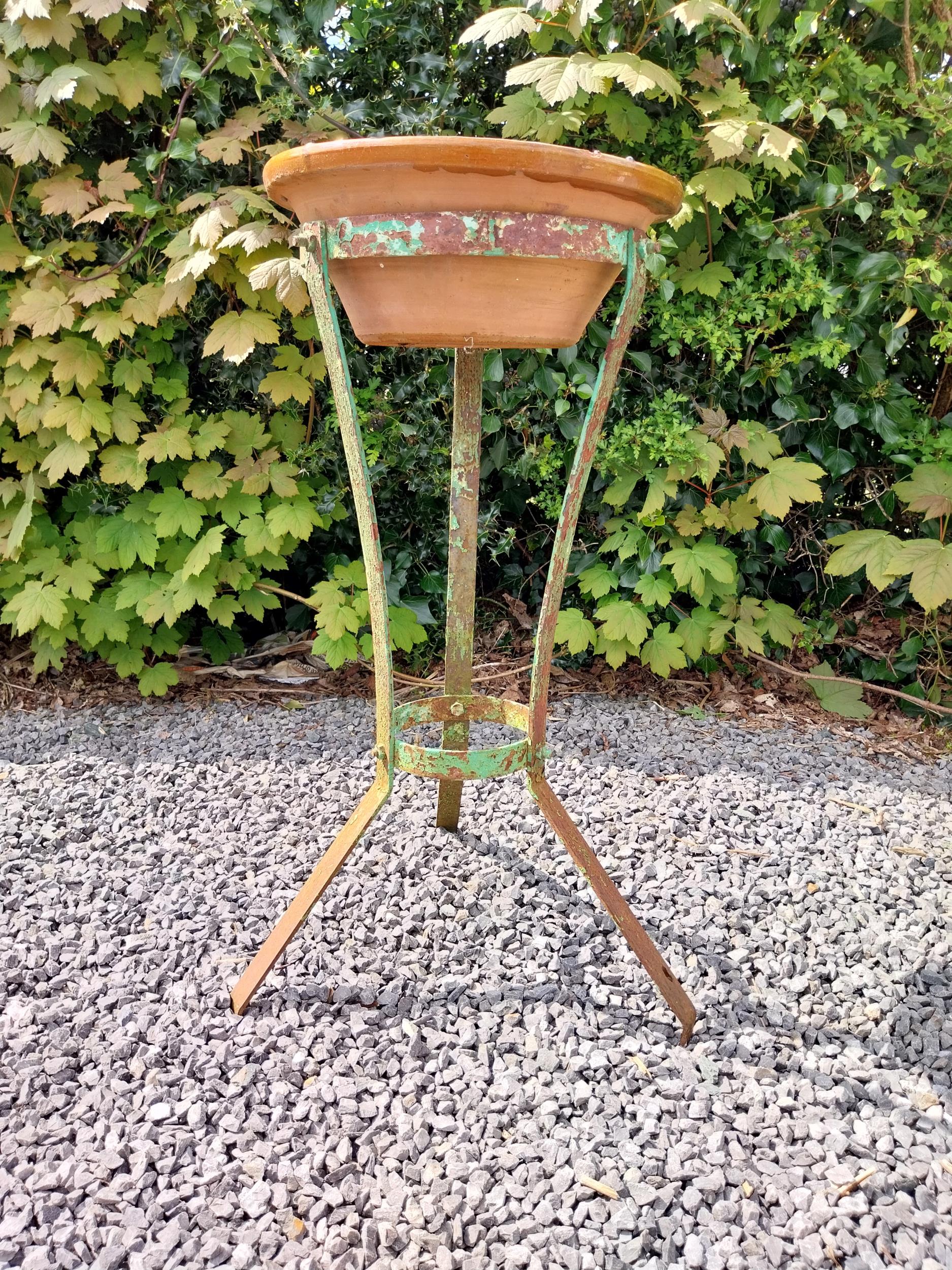 Glazed terracotta bowl raised on metal stand {72 cm H x 52 cm Dia.}.