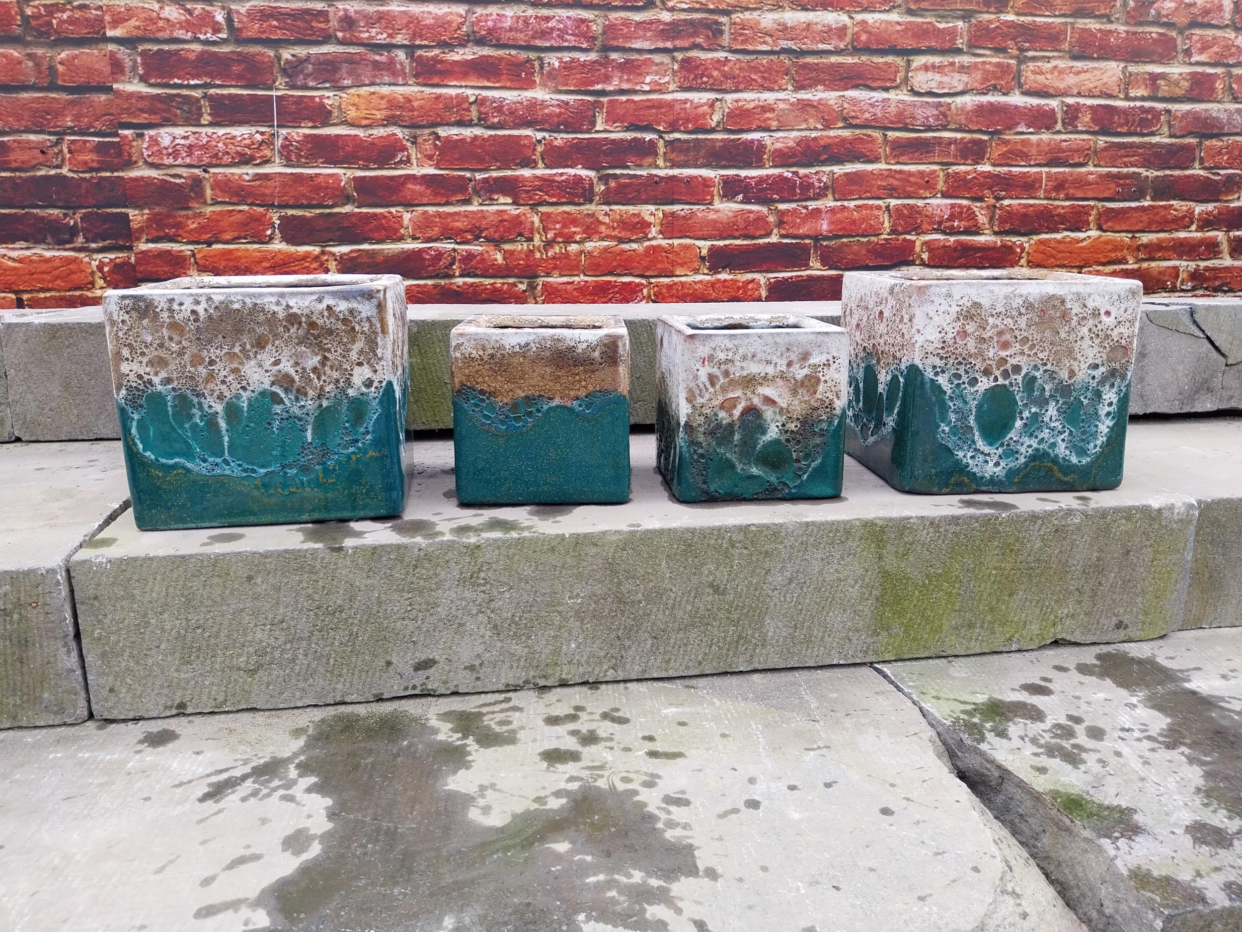Set of four Atlantis glazed terracotta plant pots {20 cm H x 22 cm W x 22 cm D and 16 cm H x 15 cm W - Image 3 of 11