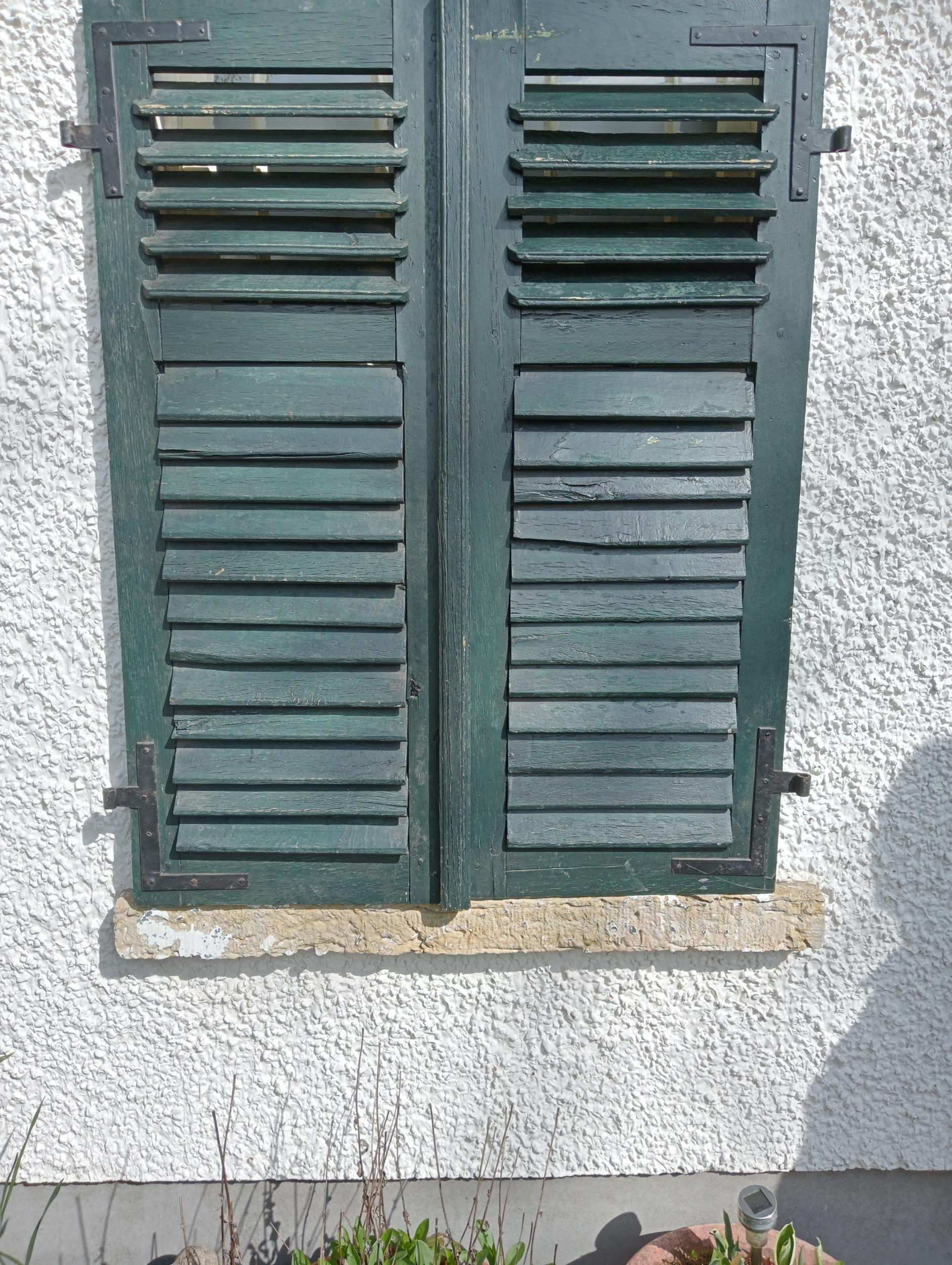Pair of French style green louvred window shutters {H 134cm x W 105cm x D 5cm}. - Image 3 of 4