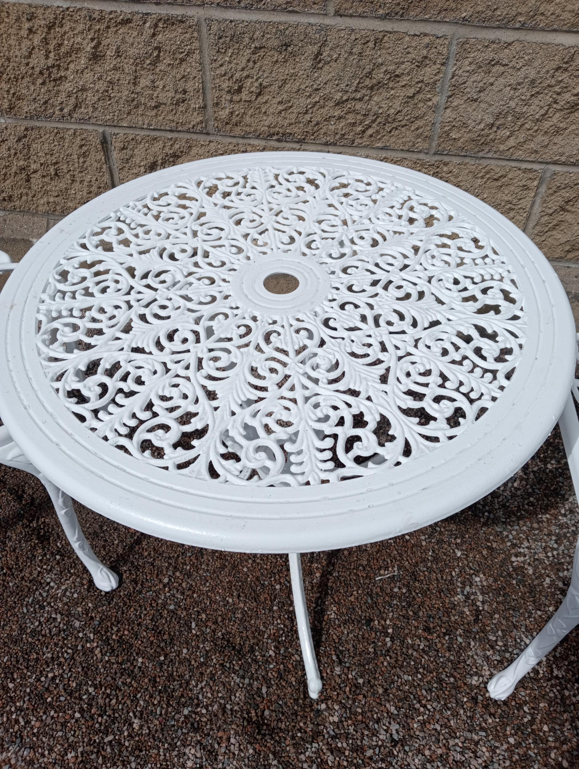 Aluminium garden table and two armchairs {Table H 60cm x Dia 70cm Chairs H 90cm x W 54cm x D 44cm }. - Image 2 of 4
