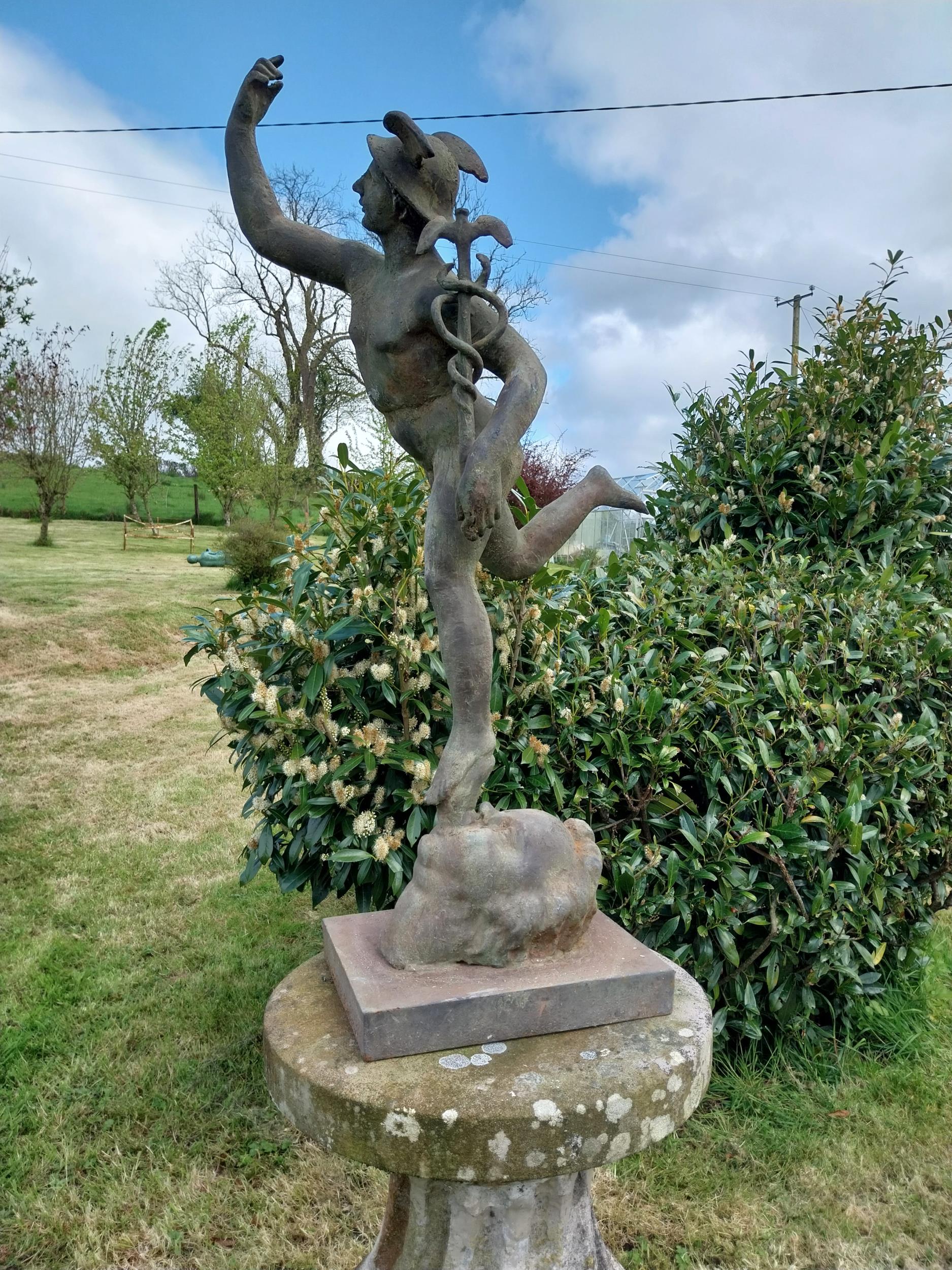 Cast iron with bronze effect sculpture of Mercury mounted on plinth {106 cm H x 29 cm W x 35 cm D}.