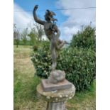 Cast iron with bronze effect sculpture of Mercury mounted on plinth {106 cm H x 29 cm W x 35 cm D}.