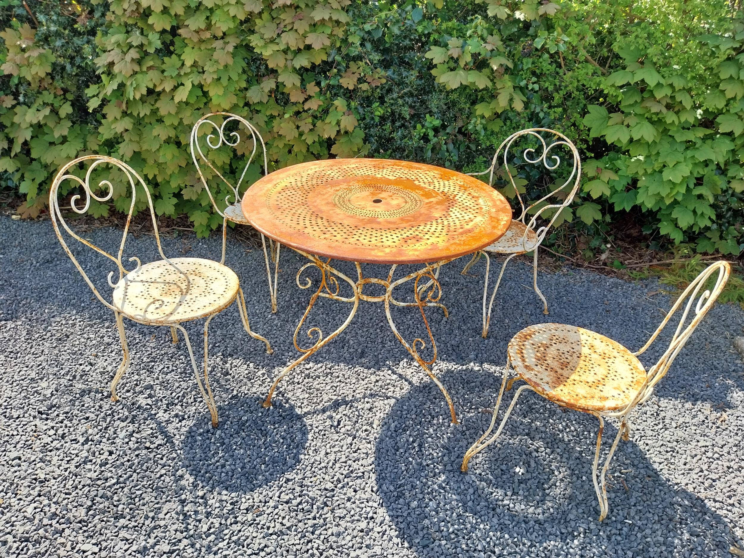 Early 20th C. French wrought iron garden table with three matching chairs and one matching - Image 2 of 9