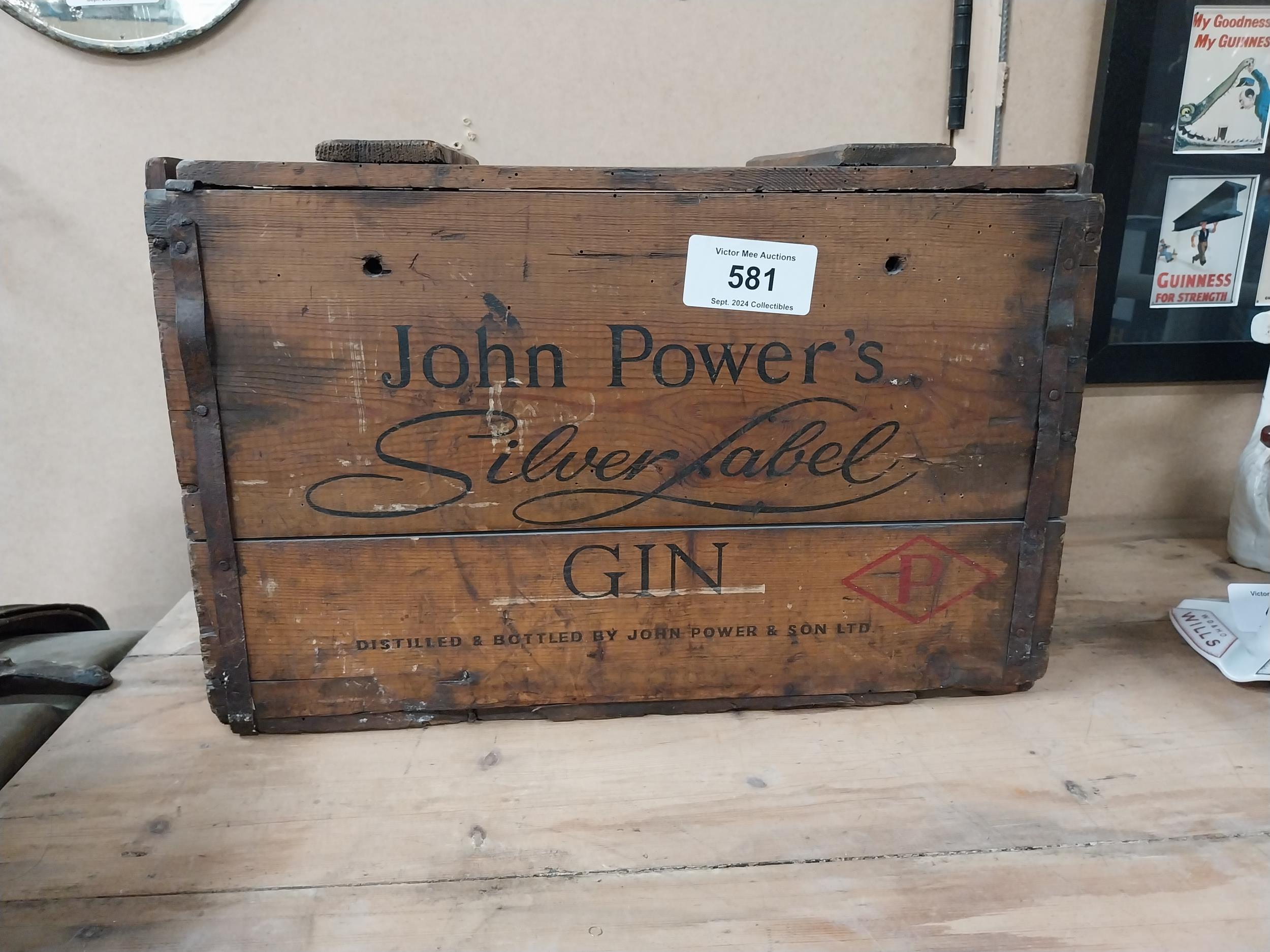 John Power's Silver Label Gin wooden advertising crate. {30 cm H x 48 cm W x 27 cm D}.