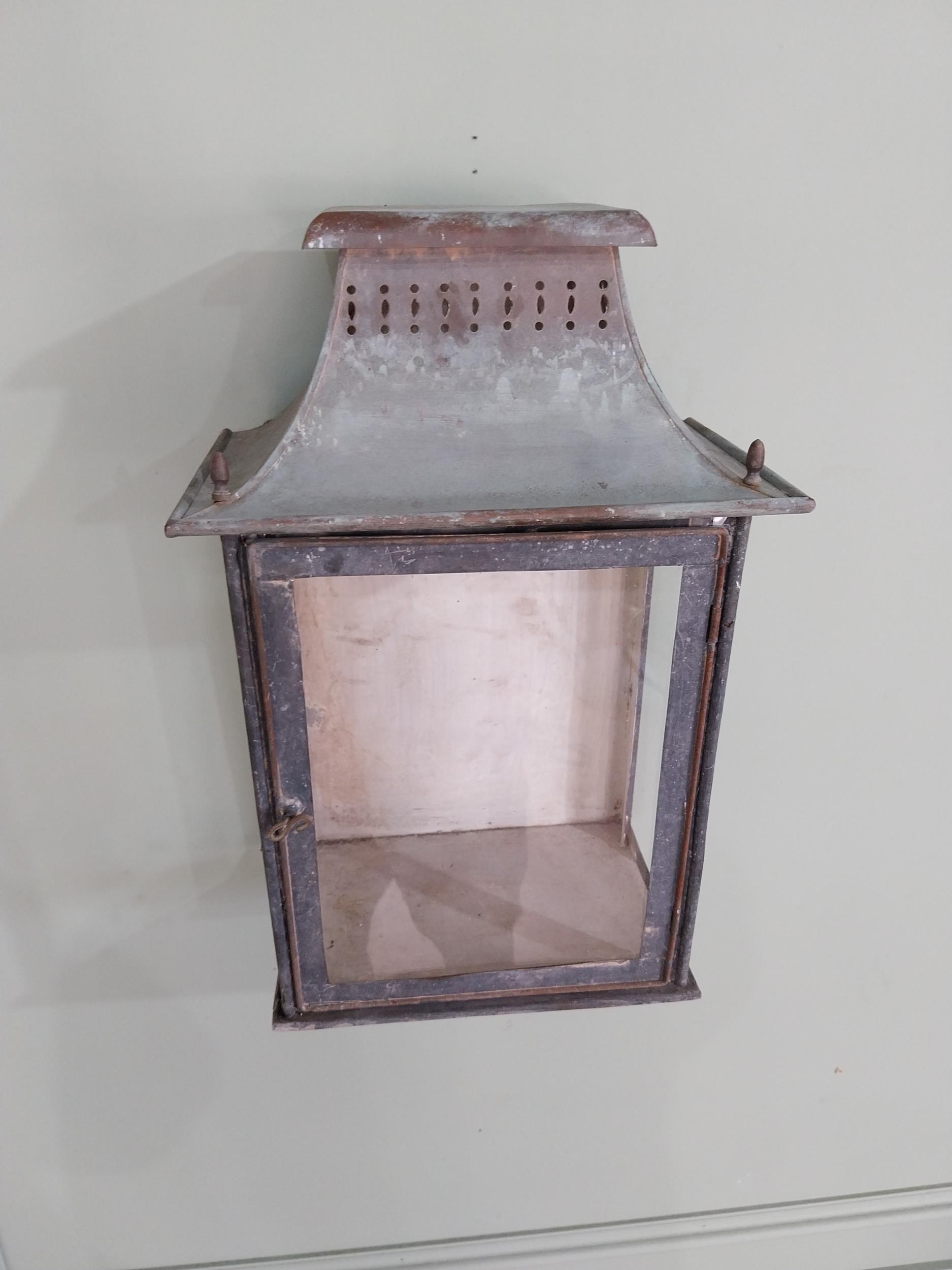 Three early 19th C. Verdigris copper wall lanterns {44 cm H x 28 cm W x 19 cm D}. - Image 9 of 14