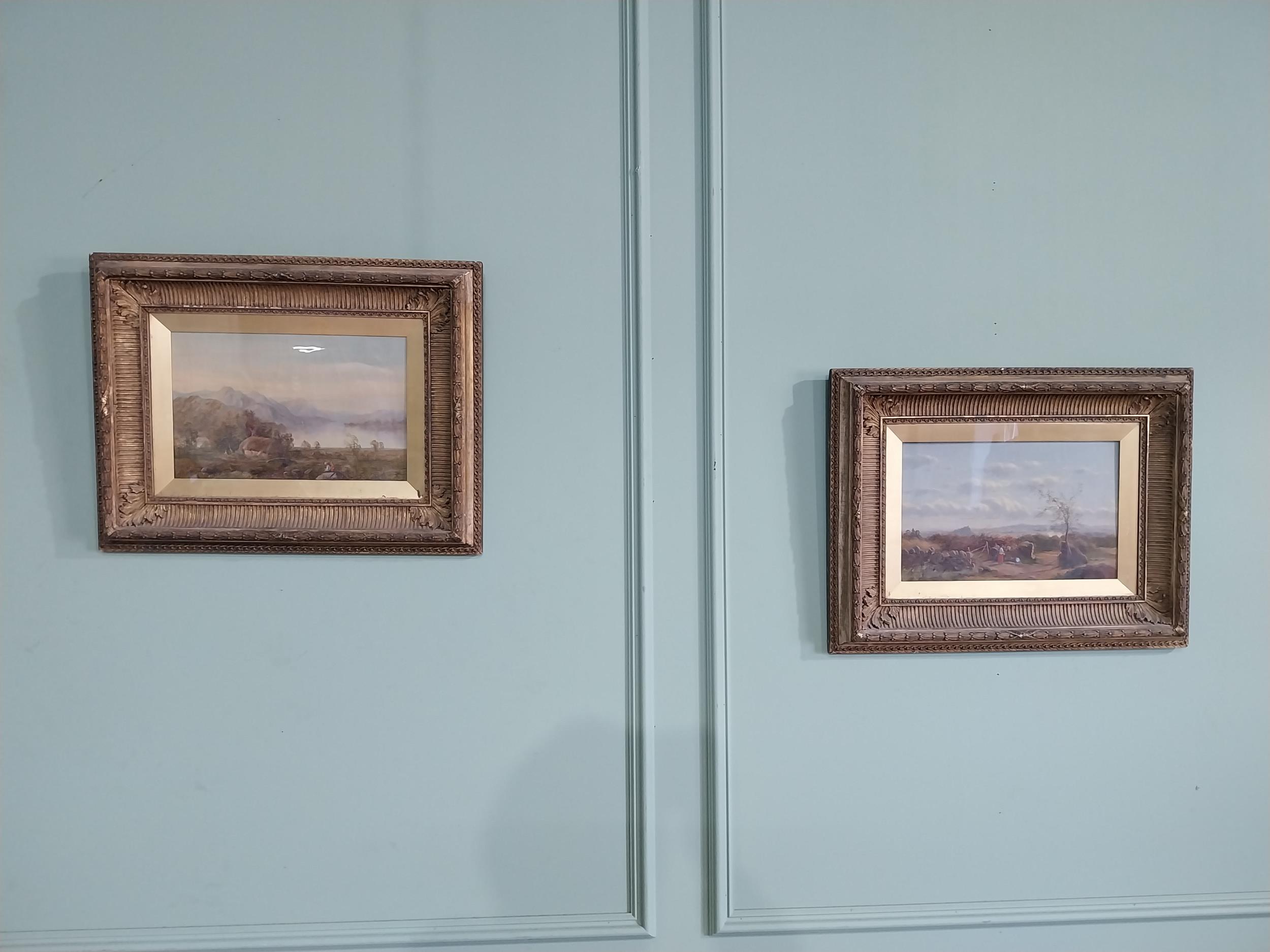 Two 19th C. Mountain and Farm scenes oil on canvases mounted in giltwood frames {44 cm H x 56 cm W}.