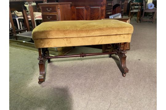 Edwardian walnut and upholstered music stool with lift up seat {49cm H x 84cm W x 44cm D}. - Image 1 of 3