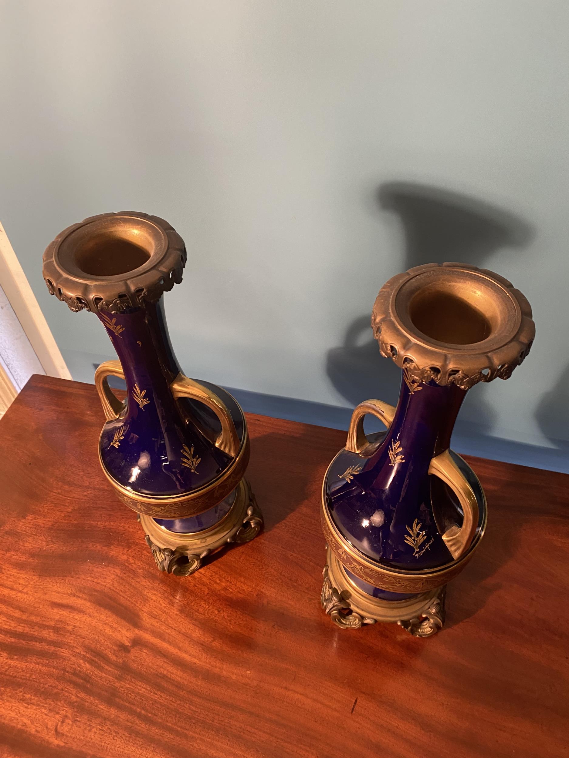 Pair of good quality French Pinon Heuze ceramic and bronze urns signed {50cm H x 20cm Dia.}. - Image 4 of 5