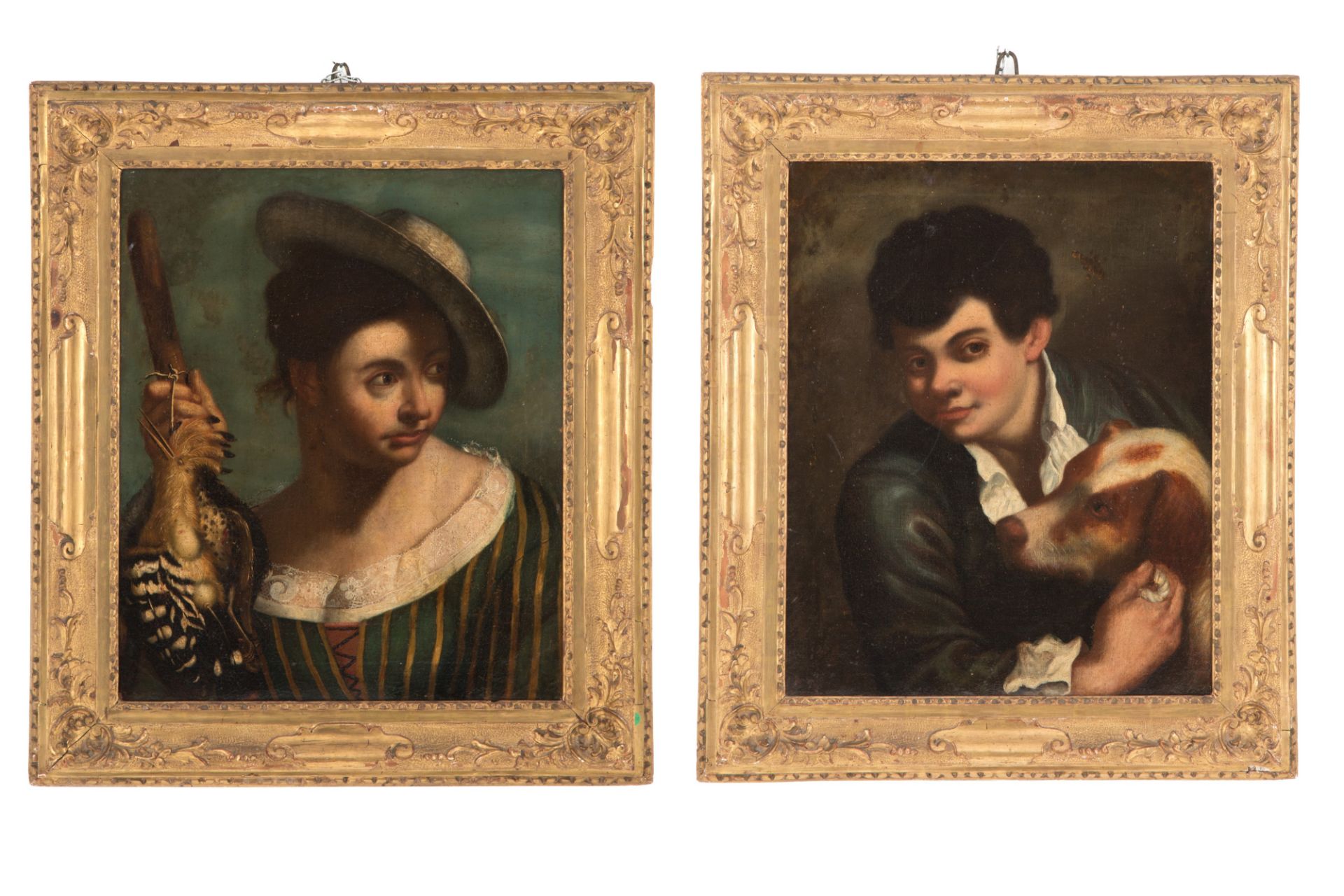 Two paintings "BOY WITH DOG" and "GIRL WITH HOOPOE"