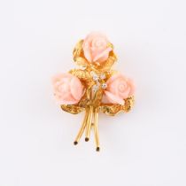 14k Yellow Gold Floral Brooch, set with 3 carved coral roses, and 4 small brilliant and single cut d