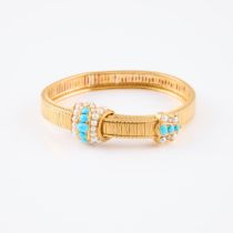 19th Century 14k Yellow Gold Slide Strap Bracelet, set with 8 turquoise cabochons and 35 halved pear