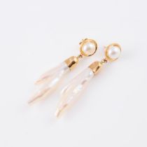 Pair Of 18k Yellow Gold Drop Earrings, each set with a button pearl and a dog-tooth pearl