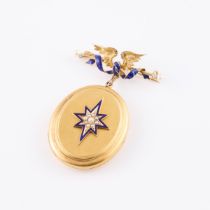 14k/18k Yellow Gold Oval Locket, decorated with enamel and halved pearls, suspended from an 18k yell