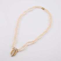 Italian Double Strand Cultured Pearl Necklace, (7.0mm) completed with an 18k yellow gold clasp and p