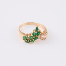 14k Yellow Gold Ring, set with 10 small brilliant cut diamonds and 9 small marquise cut emeralds