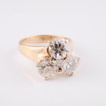 14k Yellow Gold Ring, set with 3 old European cut diamonds (approx. 1.36ct, 1.47ct & 1.58ct {chipped