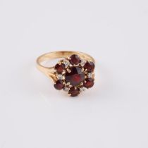 14k Yellow Gold Cluster Ring, set with 7 full cut garnets and 6 small single cut diamonds