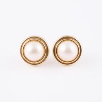 Pair Of 14k Yellow Gold Button Earrings, each bezel set with a mabé pearl (14.5mm)