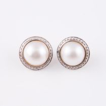 Pair Of 14k White Gold Button Earrings, each bezel set with a mabé pearl (15.5mm) encircled by 30 sm