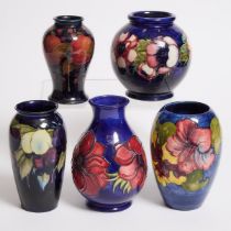 Five Moorcroft Vases, 20th century, largest height 7.5 in — 19 cm (5 Pieces)