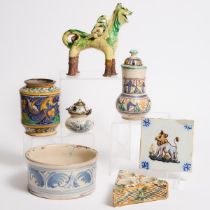 Group of Continental Majolica, 19th/20th century, albarello height 8.7 in — 22 cm (7 Pieces)