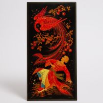 Large Russian Lacquer Panel Depicting The Mythical Firebird, Kholui, mid 20th century, 16.5 x 8.3 in