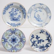 Three English Delft Blue and White Plates and a Bowl, probably Bristol or Liverpool, 18th century, l