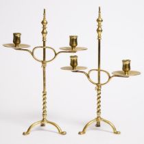 Pair of Adjustable Brass Two Branch Candelabra, mid 18th century, height 15.6 in — 39.6 cm