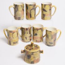 Set of Seven Brooklin Pottery Mugs and Covered Sugar Bowl, Theo and Susan Harlander, 1970s, mug heig