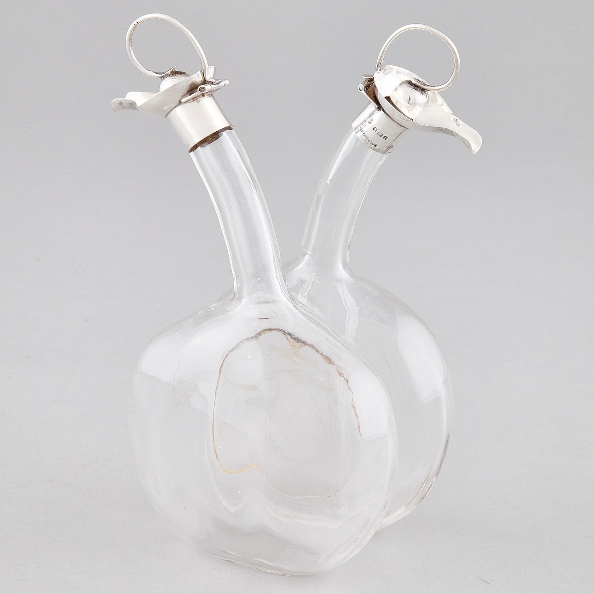 Edwardian Silver Mounted Blown Glass Oil and Vinegar Cruet, Murdoch & Jones, Birmingham, 1908, heigh