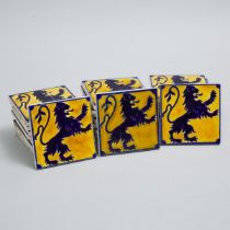 Twenty-Eight Boch Frères Blue and Yellow Glazed Heraldic Rampant Lion Tiles, 20th century, 4.7 x 4.7