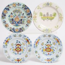 Four English Delft Polychrome Plates, probably Bristol or Liverpool, 18th century, largest diameter