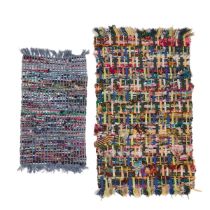 Two Contemporary Indian Mixed Fabric Woven Rugs, 4 ft 2 ft 4 ins — 1.2 m x 0.7 m; 2 ft 7 ins x 1 ft