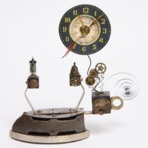 Contemporary 'Steampunk' Tailor's Iron Table Clock, Roger Wood, Hamilton, 21st century, height 13 in